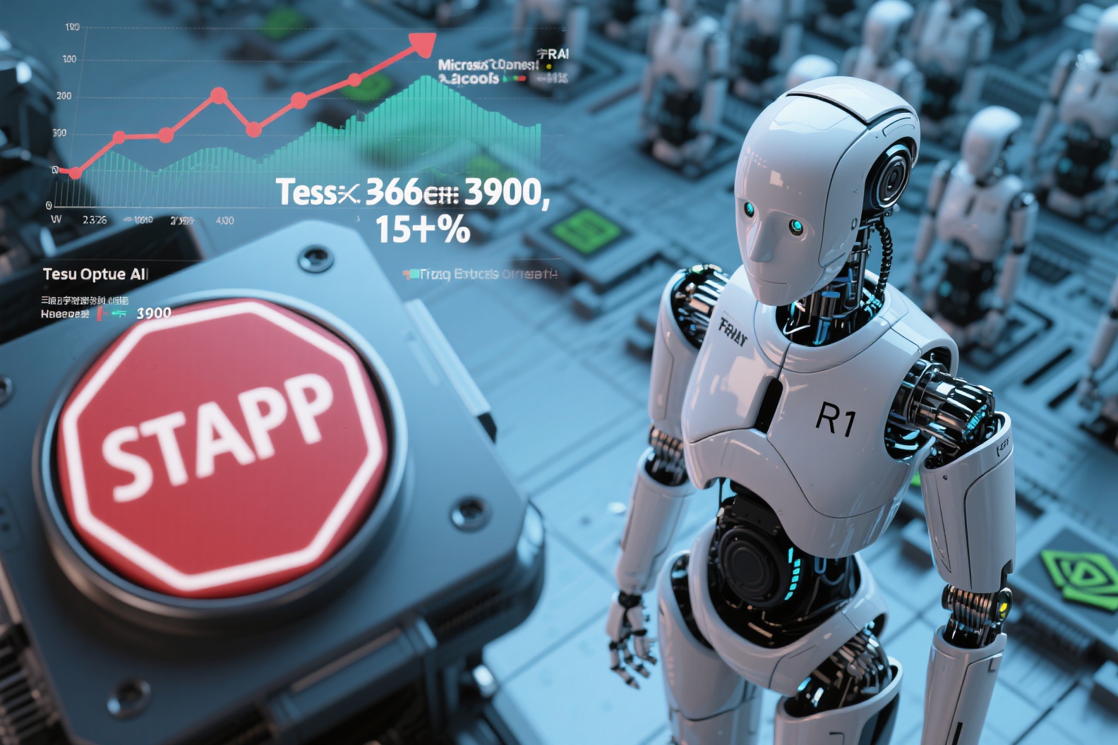 Humanoid robot beside market growth chart