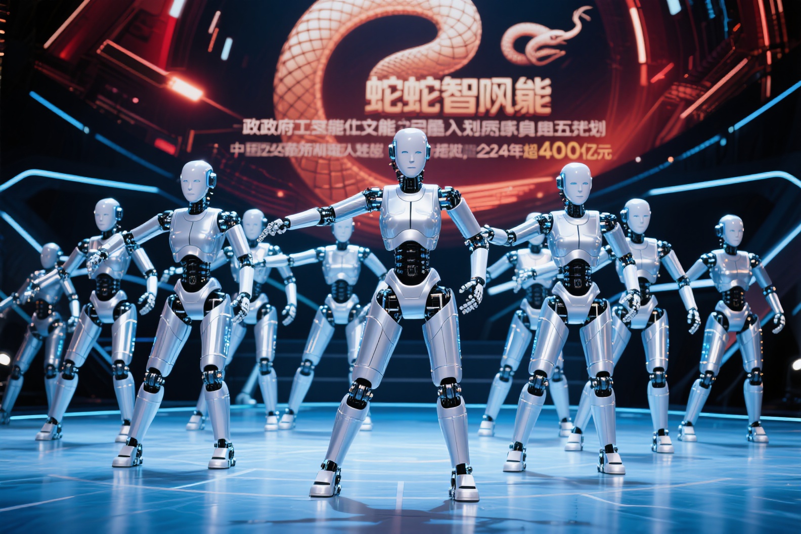 Humanoid robot group performance representing mass production momentum